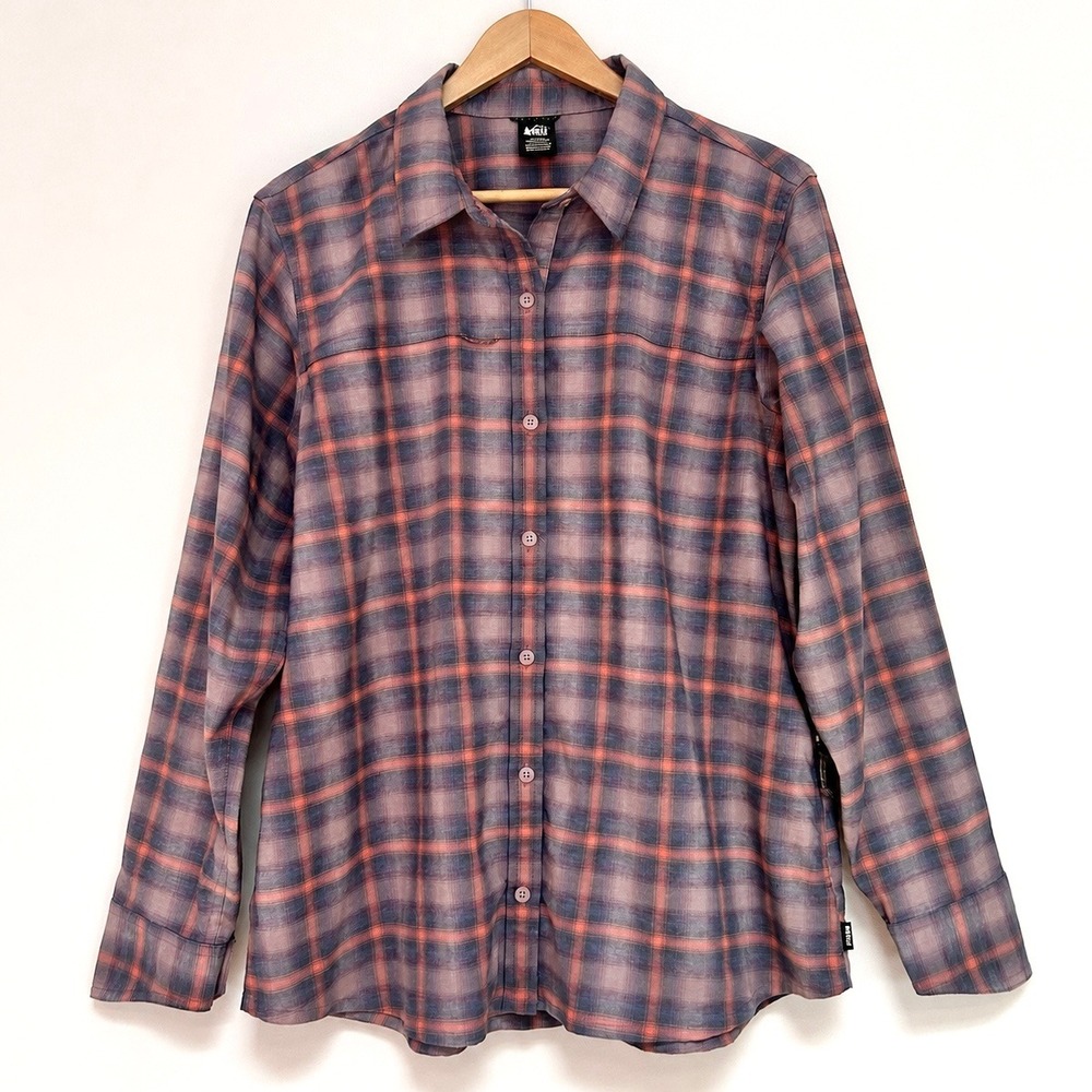 REI Co-op Wallace Lake Flannel Shirt XL Plaid Stretch Hiking Outdoor Blue Red